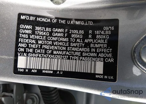 2017 Honda Civic Ex-L from USA, damaged, VIN SHHFK7H7XHU202127